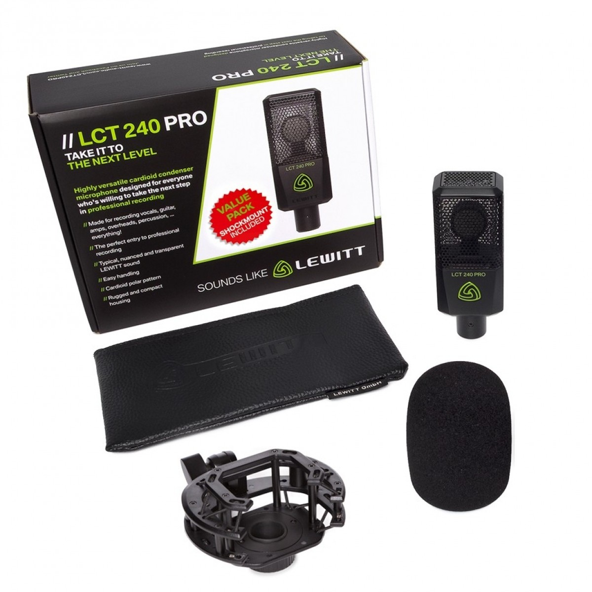 An image of Lewitt LCT 240 Pro Condenser Microphone Value Pack Inc Accessories Black | PMT O...