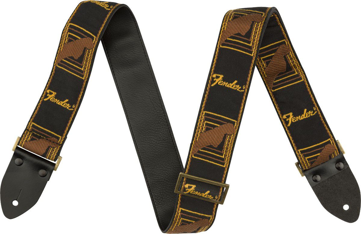 An image of Fender Legacy Vintage Monogram Guitar Strap, Brown/Yellow - Gift for a Guitarist...