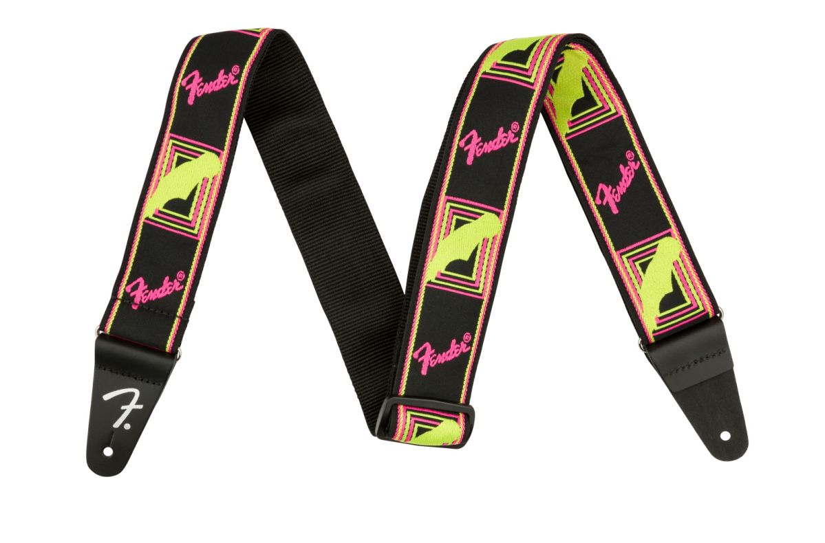 An image of Fender Neon Monogrammed Strap Yellow/Pink | PMT Online