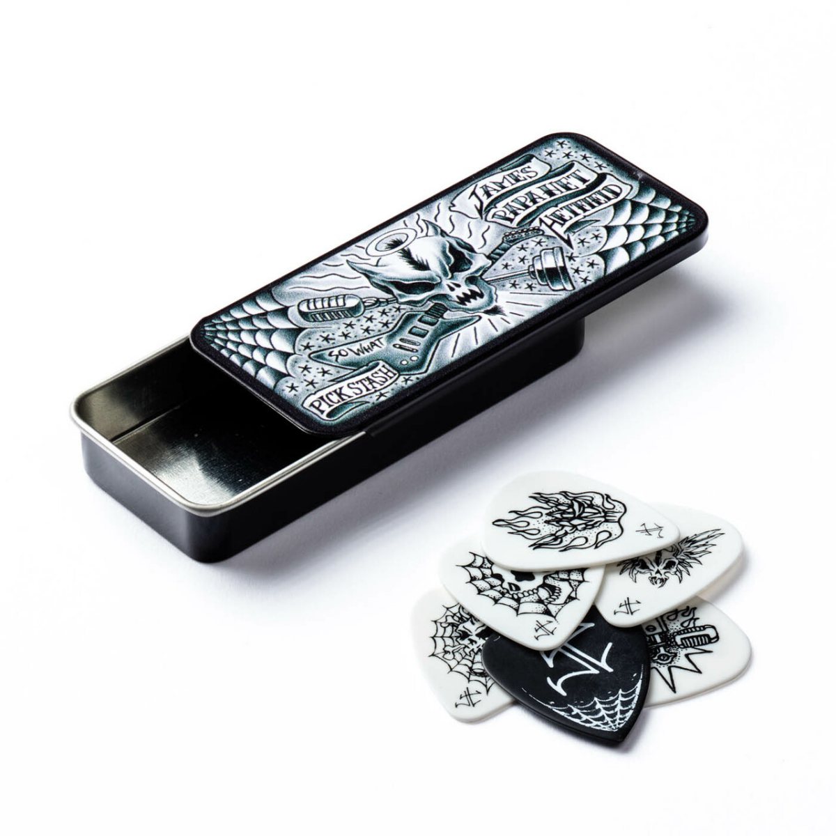 An image of Dunlop James Hetfield Collectable 0.88mm Pick Tin 6 | PMT Online
