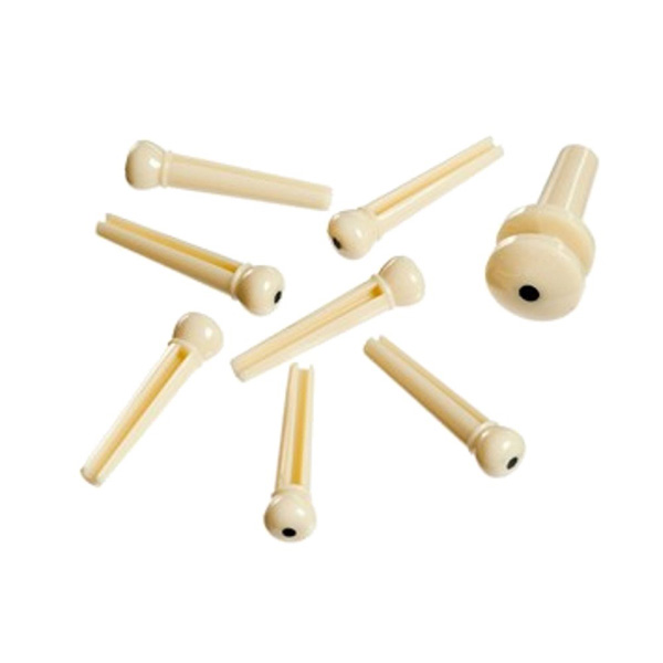 An image of DAddario Injected Molded Bridge Pins with End Pin Set of 7 Ivory with Black Dot