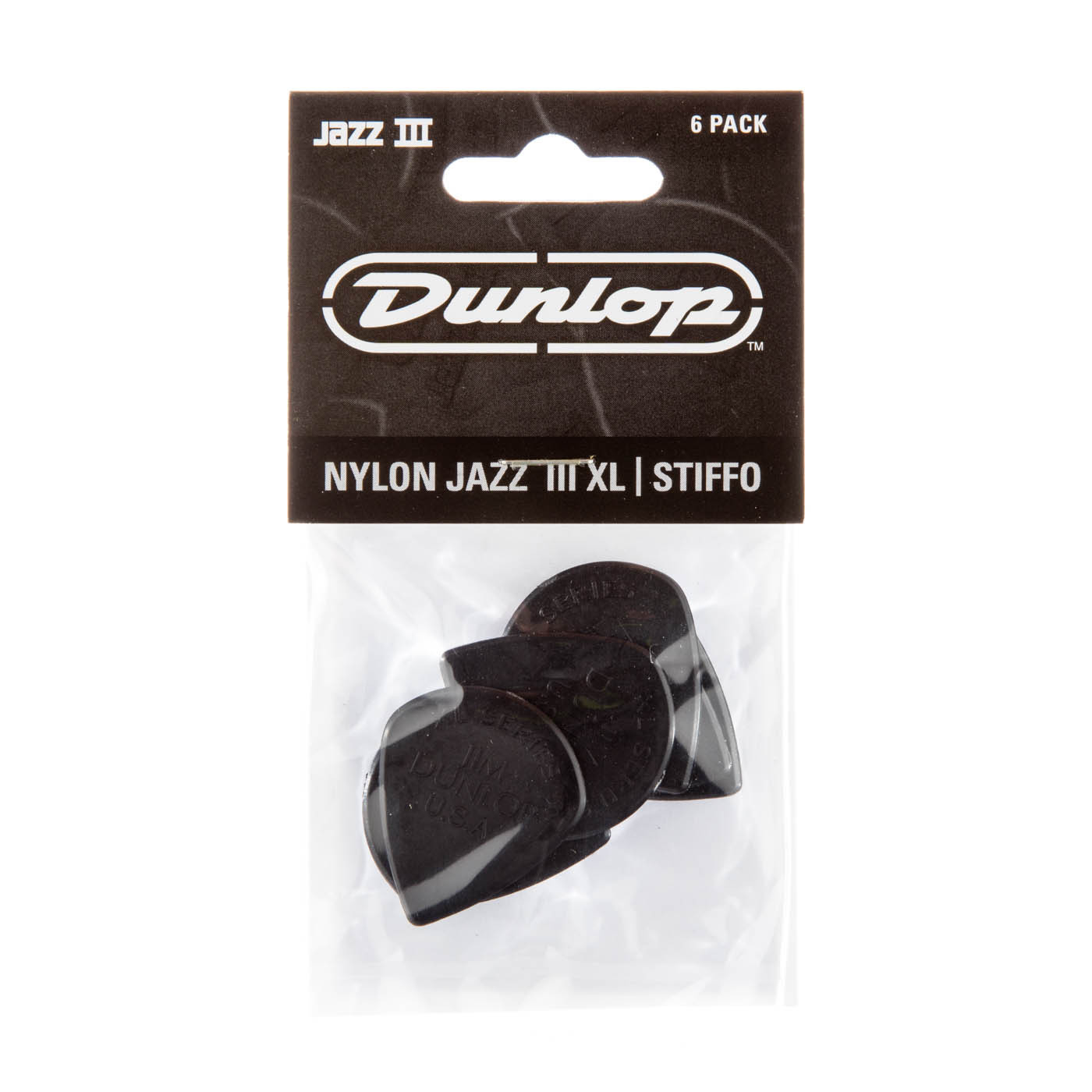 An image of Dunlop Nylon Jazz III XL Black Guitar Picks (6 Pack) - Gift for a Guitarist | PM...