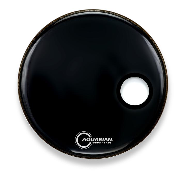 An image of Aquarian 24" Small Offset Port Resonant Gloss Black Bass Drumhead | PMT Online