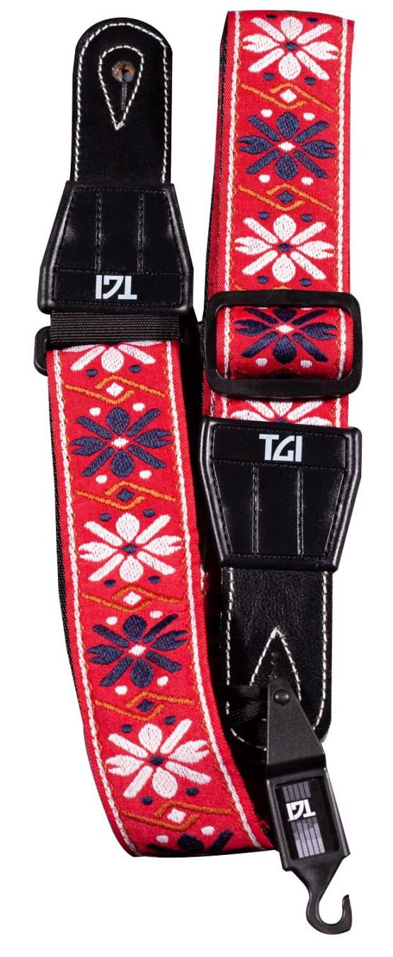 An image of TGI Guitar Strap Woven Cotton Flowers Stitch Red | PMT Online
