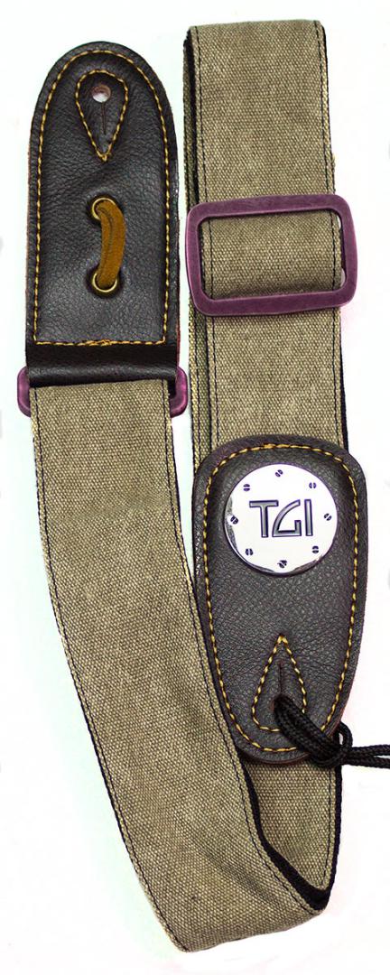 An image of TGI Guitar Strap Woven Beige Denim Purple Buckle | PMT Online