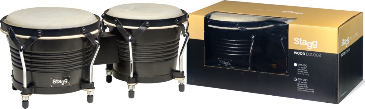 An image of Stagg 7.5" and 6.5" Latin Wood Bongos, Black | PMT Online
