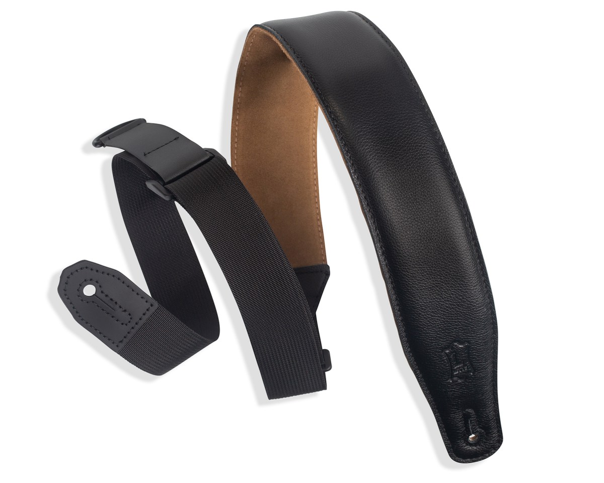 An image of Levys 2.5" Right Height Leather Guitar Strap, Black | PMT Online