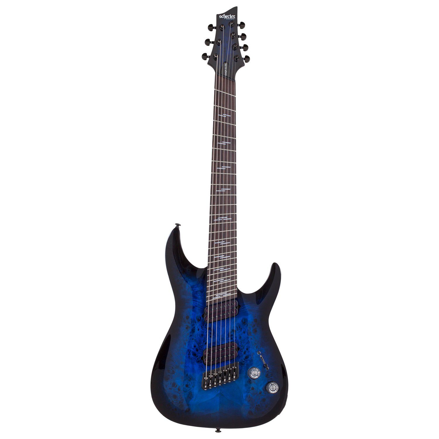 An image of Schecter Omen Elite-7 Multiscale Guitar, See-Thru Blue Burst | PMT Online