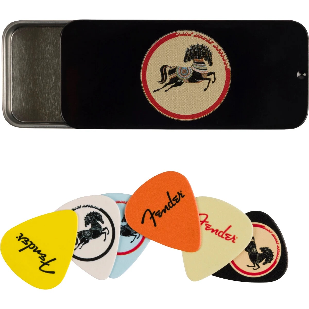 An image of Fender George Harrison Dark Horse Pick Tin 6 Pack | PMT Online