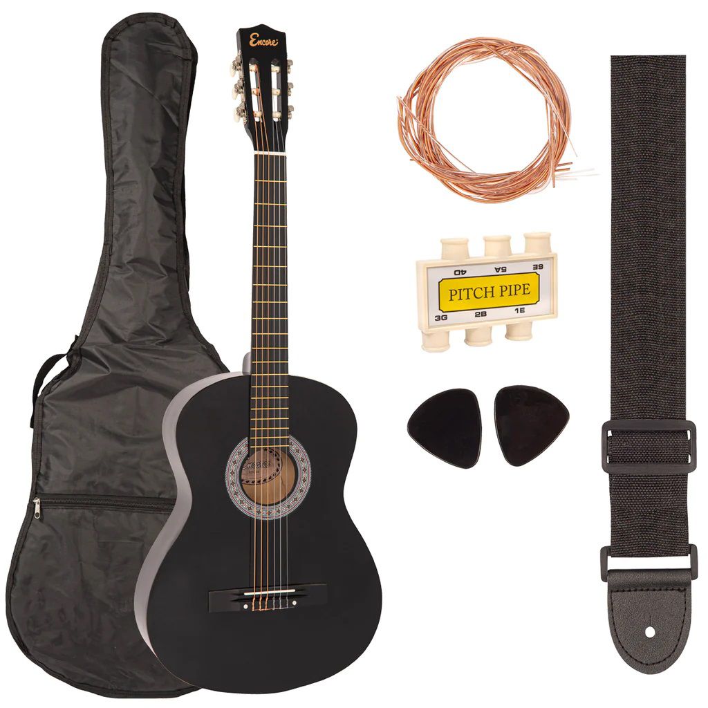 An image of Encore Full-Size Classic Guitar Starter Pack, Black | PMT Online