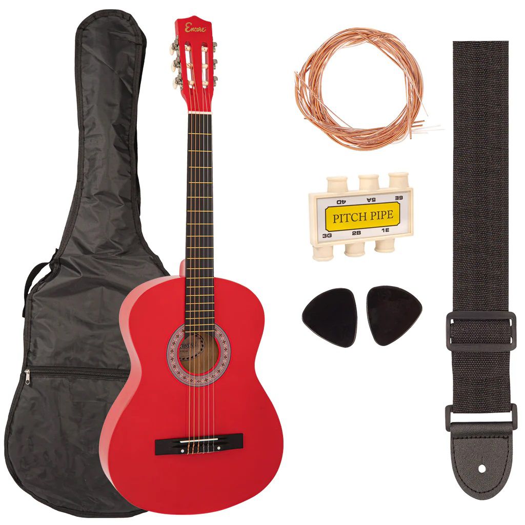 An image of Encore Full-Size Classic Guitar Starter Pack, Red | PMT Online