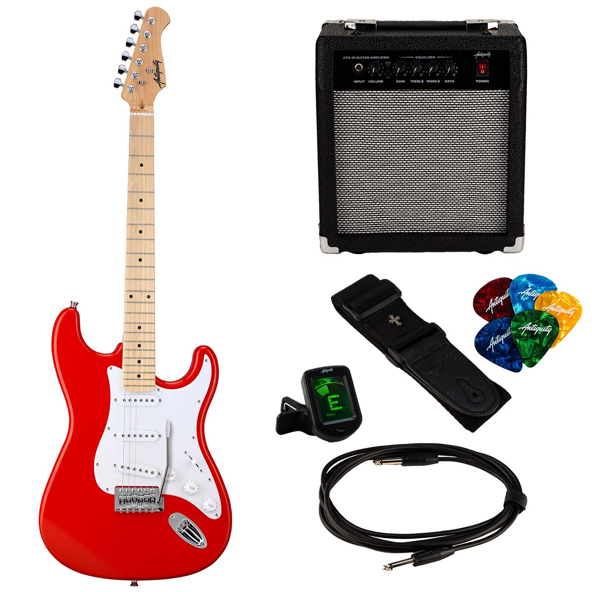 An image of Antiquity ST1 Beginner Electric Guitar Package - Red - Electric Guitar Starter K...