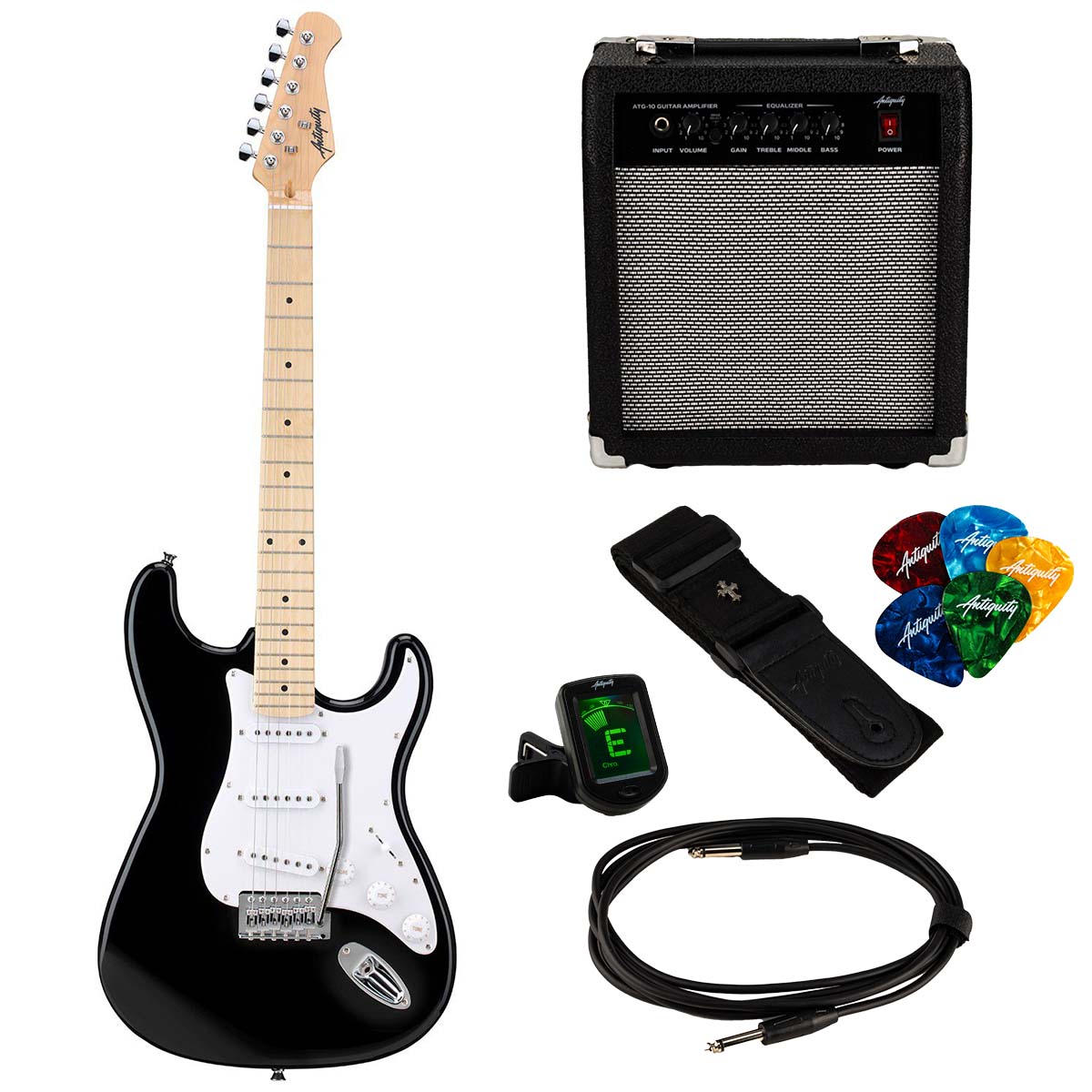 An image of Antiquity ST1 Beginner Electric Guitar Package - Black - Electric Guitar Starter...