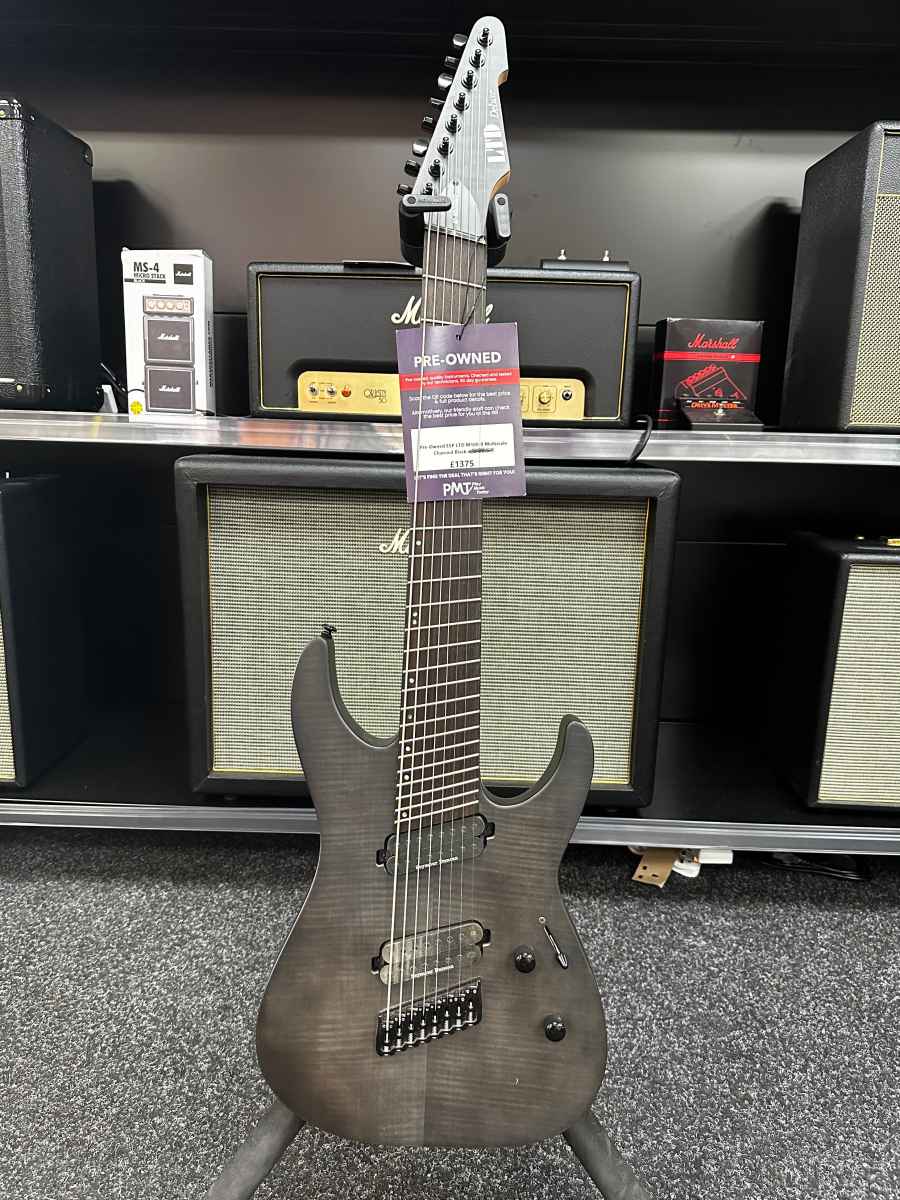 An image of Pre-Owned ESP M-1008 Multi-Scale 8-String Guitar, See Thru Black Satin | PMT Onl...