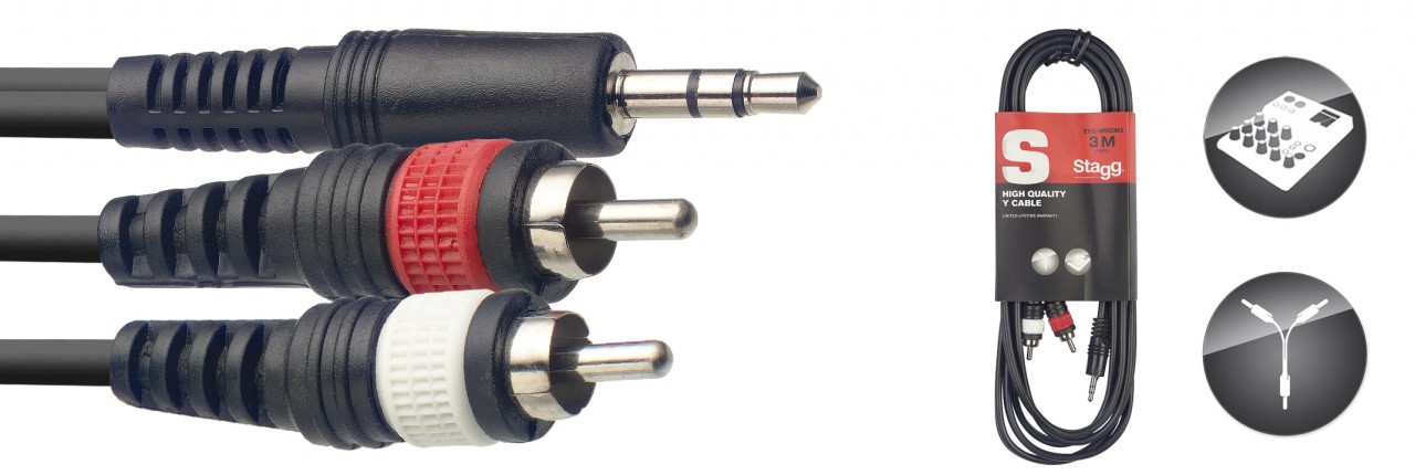 An image of Stagg NYC15/MPS2CMR 1.5m Stereo Mini Jack to Dual RCA Phono Cable | PMT Online