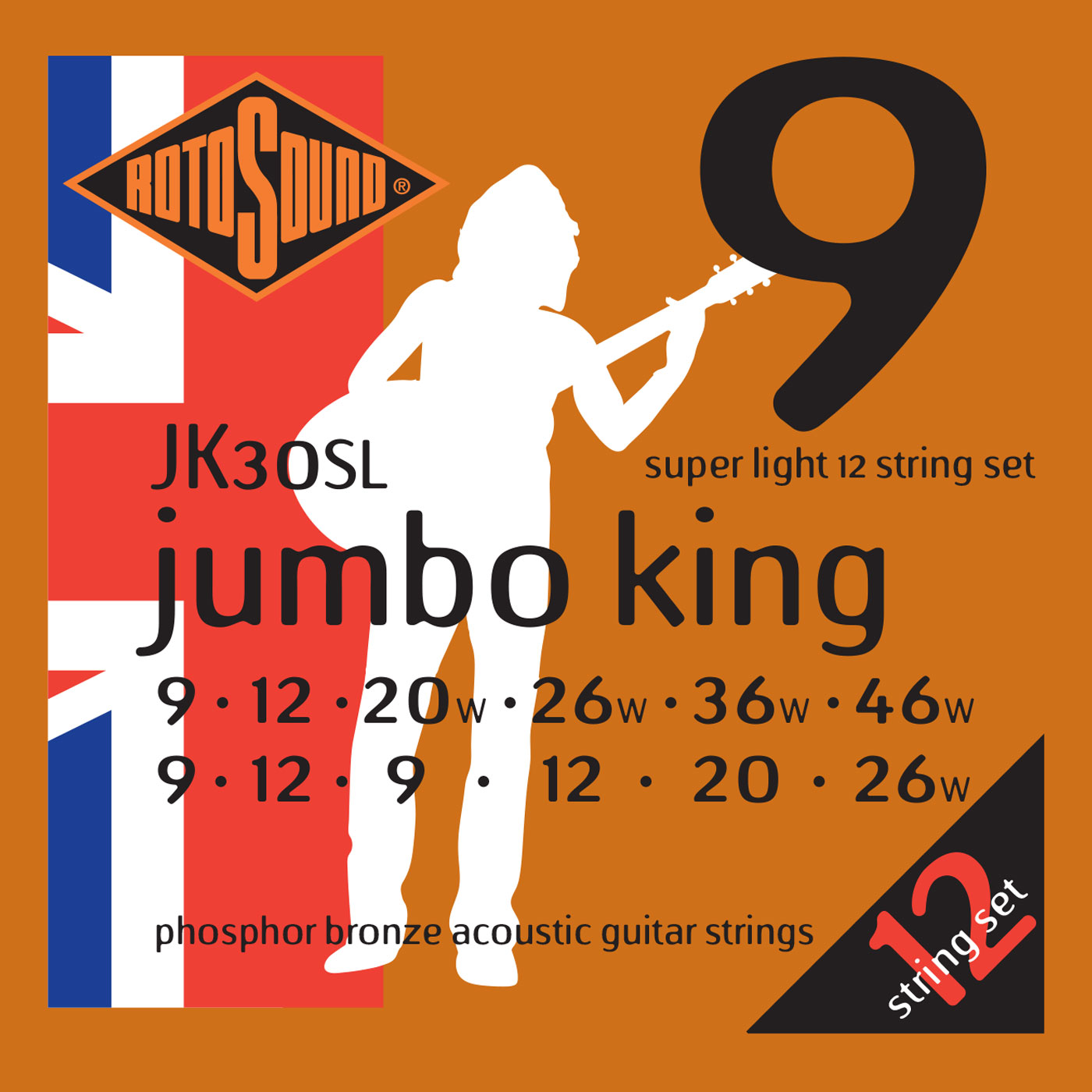 An image of Rotosound Jumbo King 12 String Super Light Acoustic Strings 9-46 | PMT Online