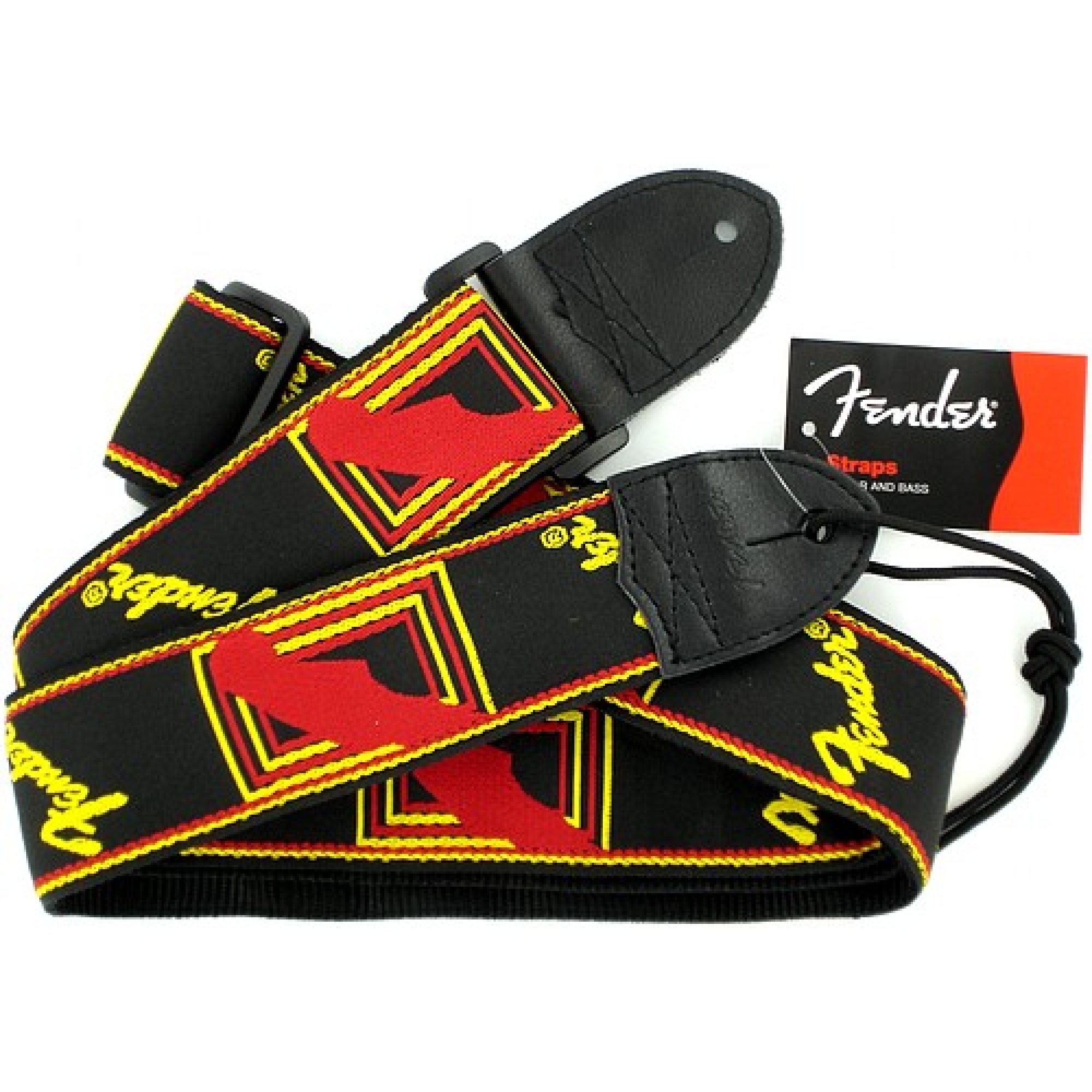An image of Fender 2 Monogrammed Strap, Black, Yellow and Red | PMT Online
