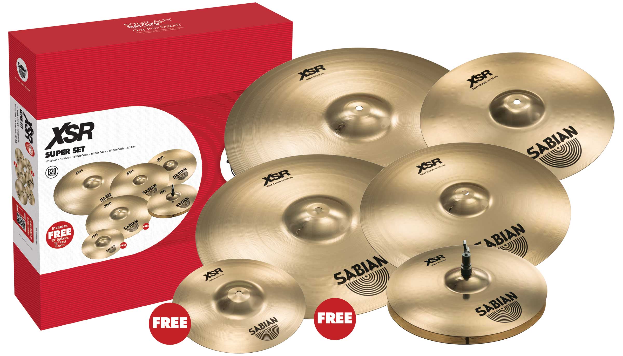 An image of Sabian XSR Super Set Cymbal Pack with Free Splash and Crash | PMT Online