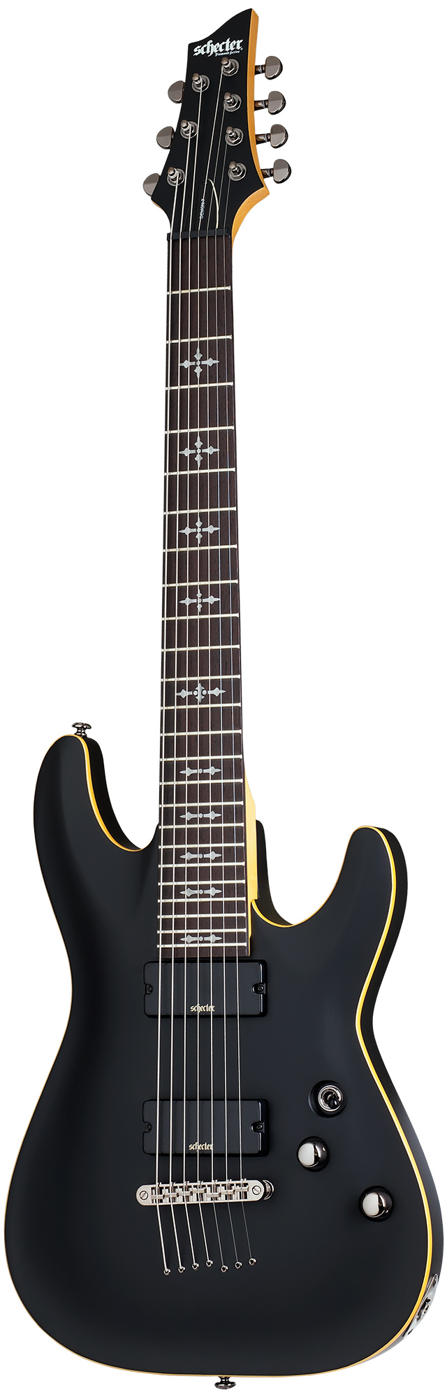 An image of Schecter Demon-7 Electric Guitar Aged Black Satin | PMT Online