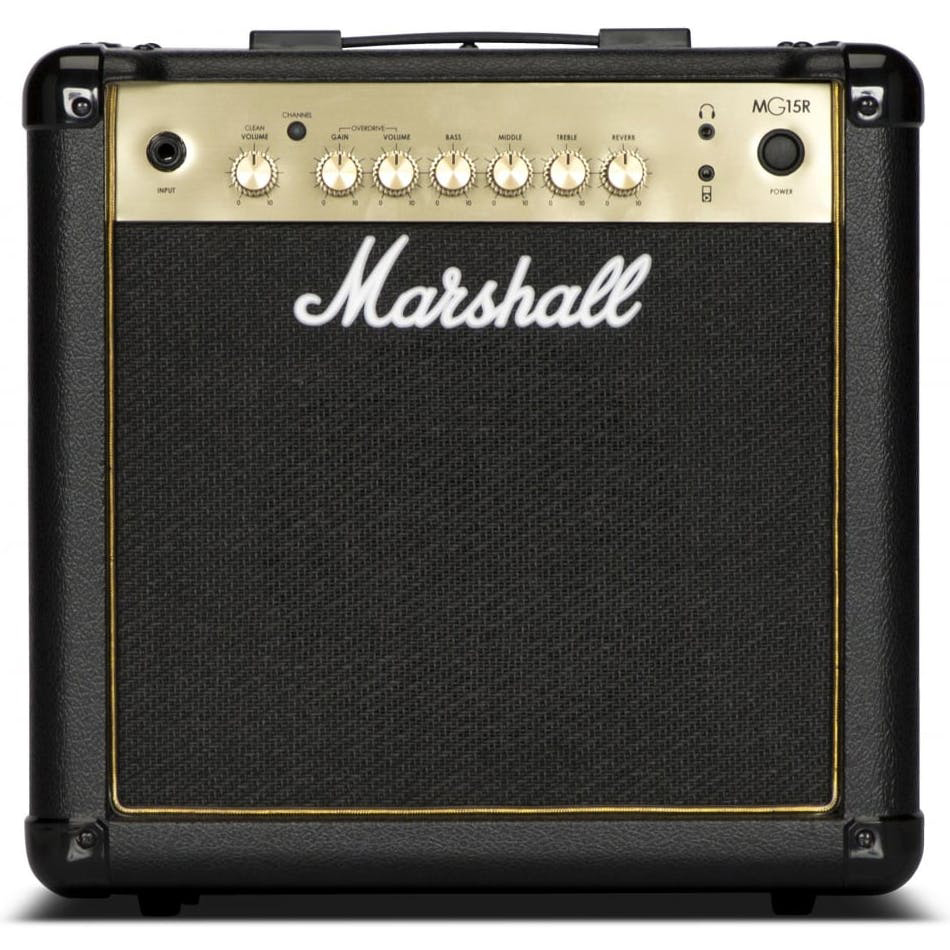 An image of Marshall MG15GR-H Guitar Combo Amp with Reverb, Black/Gold | PMT Online