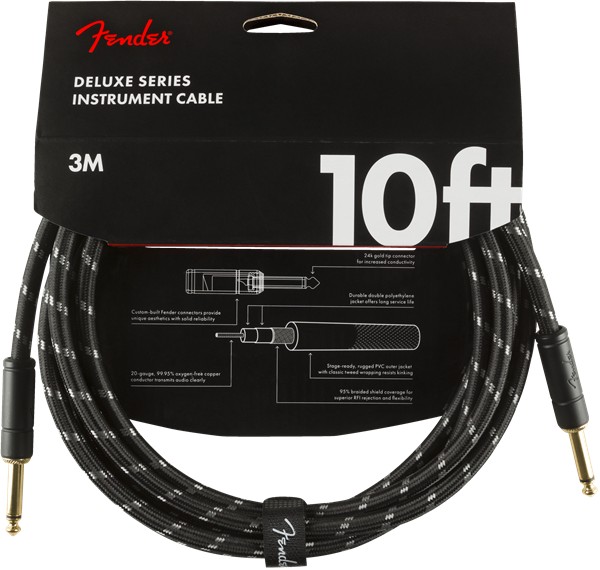 An image of Fender Deluxe Instrument Cable w Straight Jacks, 10ft, Black Tweed | PMT Online