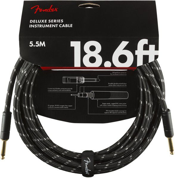 An image of Fender Deluxe Instrument Cable w Straight Jacks, 18.6ft, Black Tweed | PMT Onlin...