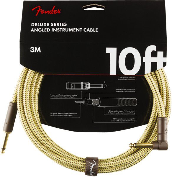 An image of Fender Deluxe Instrument Cable Straight/Angle, 10ft, Tweed - Gift for a Guitaris...