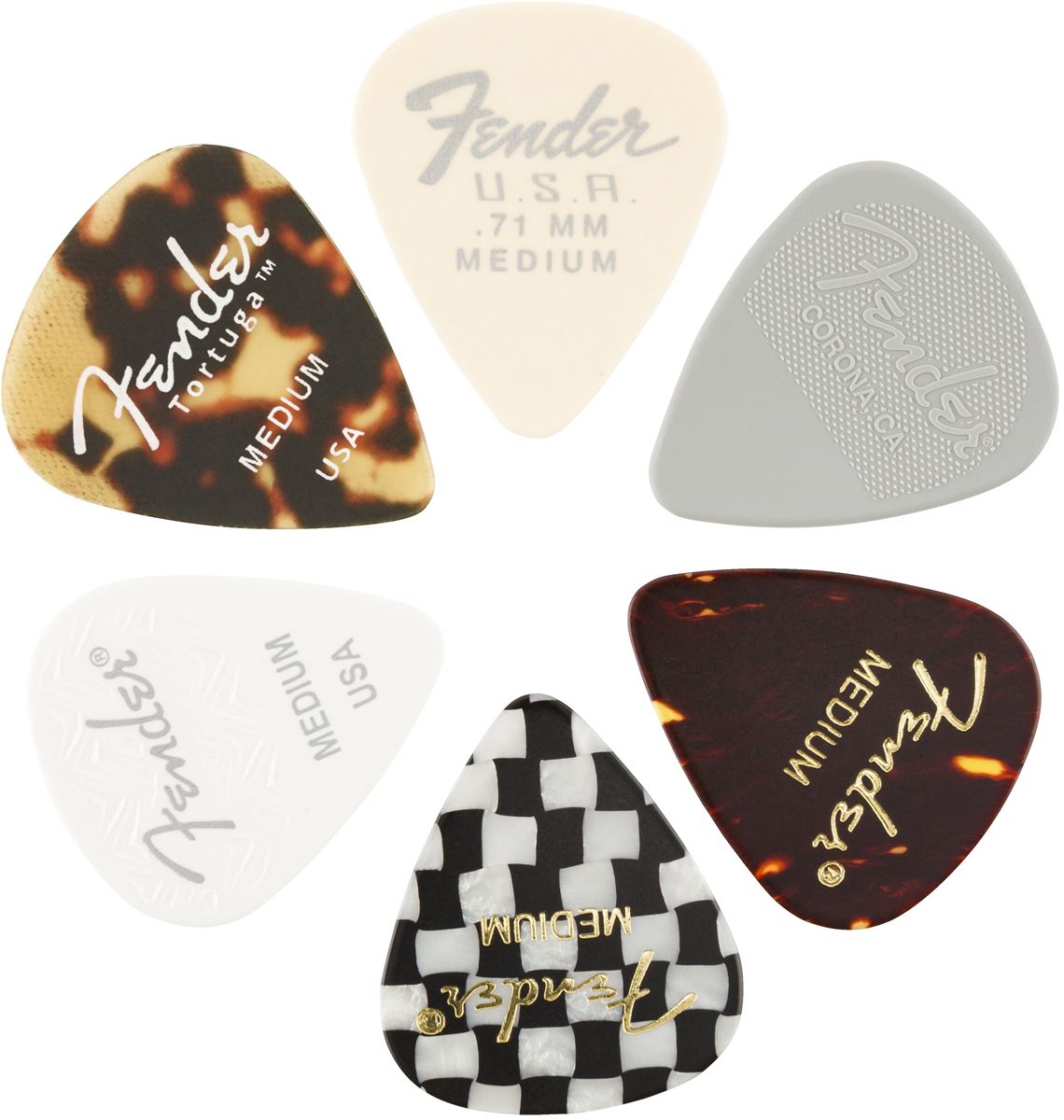 An image of Fender 351 Shape, Material Medley, Medium Picks, 6 Pack | PMT Online
