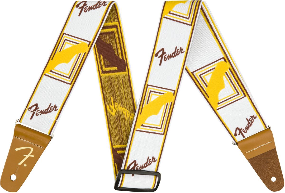 An image of Fender Weighless 2" Monogrammed Strap, White, Brown and Yellow - Gift for a Guit...