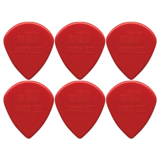 An image of Dunlop Nylon Jazz III Red 1.38mm Players (6 Pack) - Gift for a Guitarist