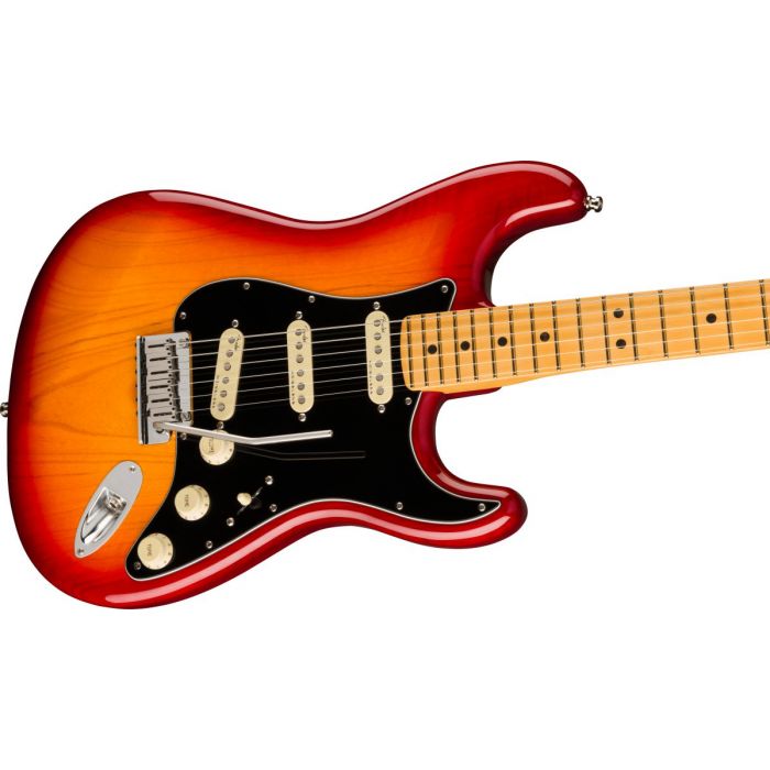 Side body viewof a Fender Ultra Luxe Stratocaster MN, Plasma Red Burst