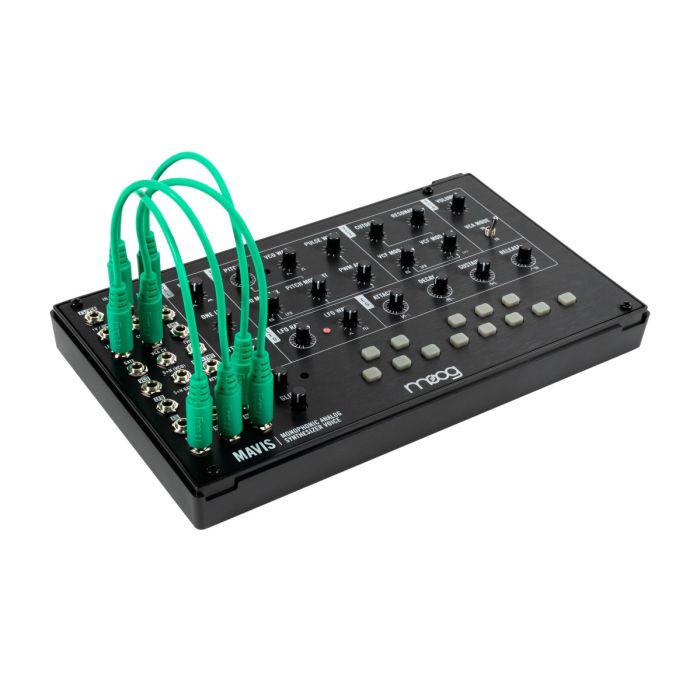 Moog MAVIS Monophonic Semi-Modular Analog Synthesizer Kit angle with patch cables