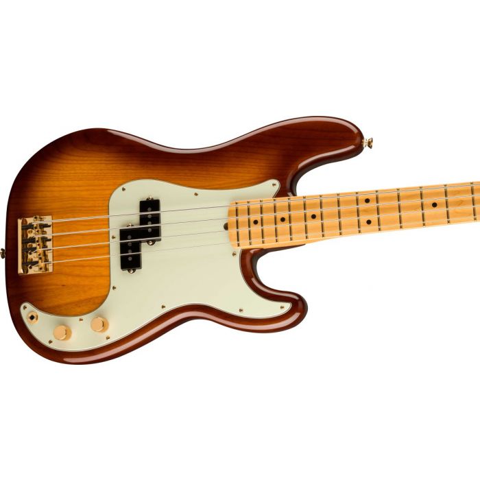 Angled view of the Fender 75th Anniversary Commemorative Precision Bass 2-Color Bourbon Burst