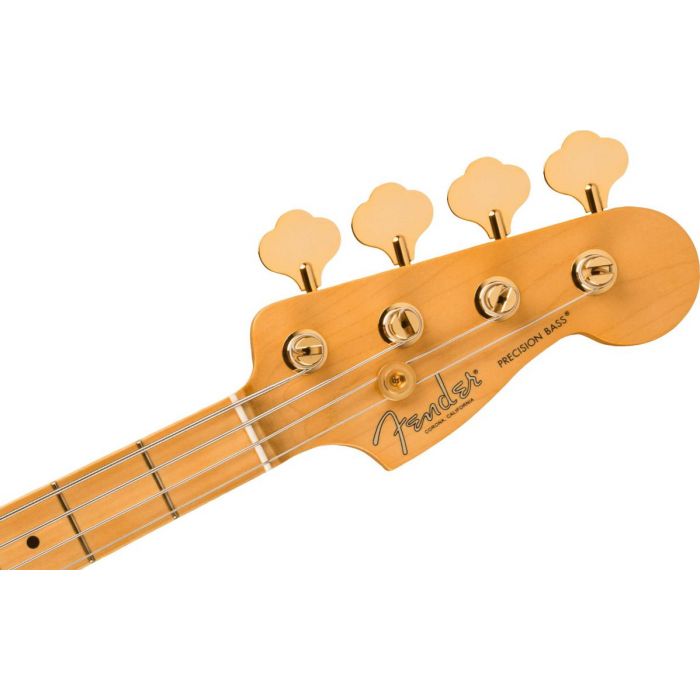 Headstock close up of the Fender 75th Anniversary Commemorative Precision Bass 2-Color Bourbon Burst