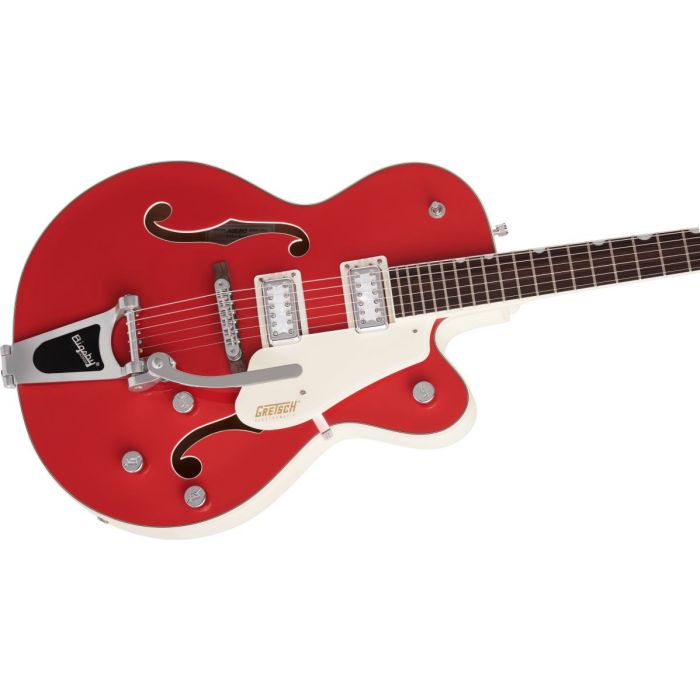 Body close up of the Gretsch Electromatic Ltd G5410T Tri-Five Hollow Body with Bigsby 2 Tone Fiesta Red on Vintage White