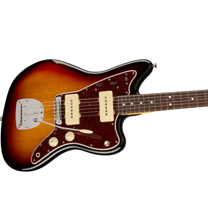 Angled body view of the Fender American Professional II Jazzmaster 3-Color Sunburst RW