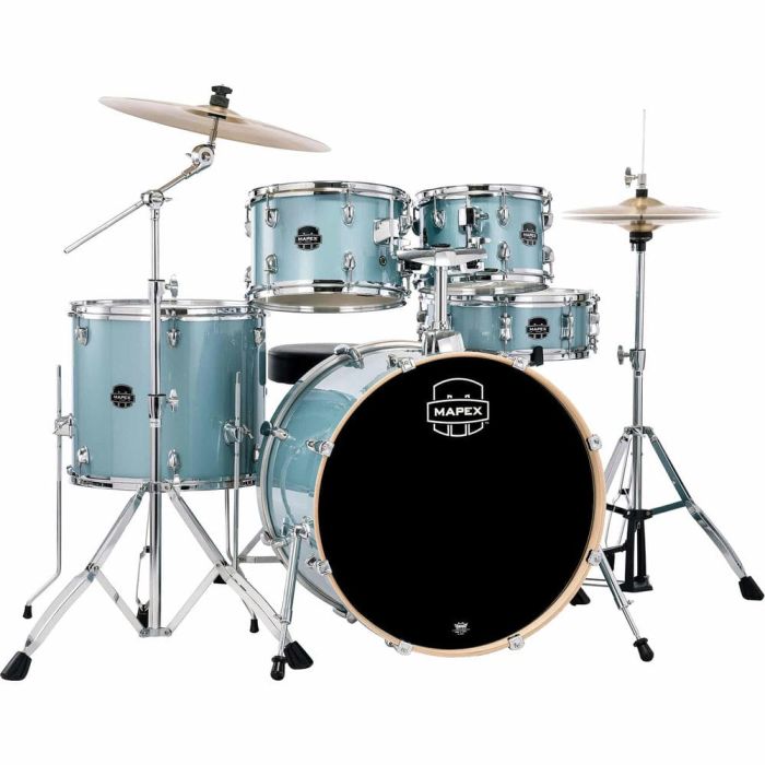 front view aqua blue sparkle mapex drums