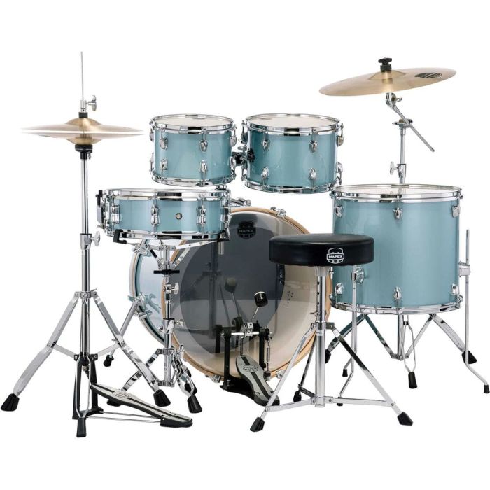 rear view of aqua blue mapex drums including hardware