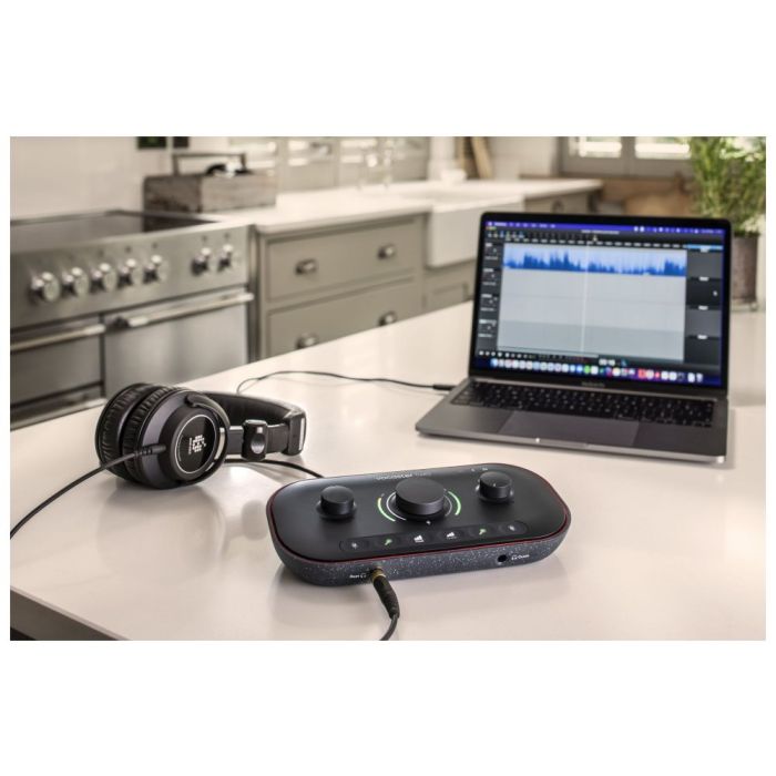 Lifestyle view of the Focusrite Vocaster Two Podcast Interface