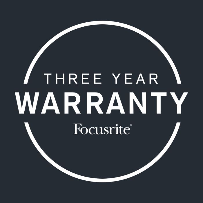 Three year warranty included for the Focusrite Vocaster Two Studio Podcast Kit