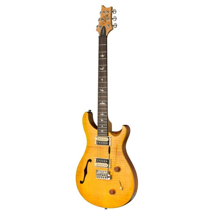 Right angled view of a PRS SE Custom 22 Semi-Hollow Electric Guitar, Santana Yellow