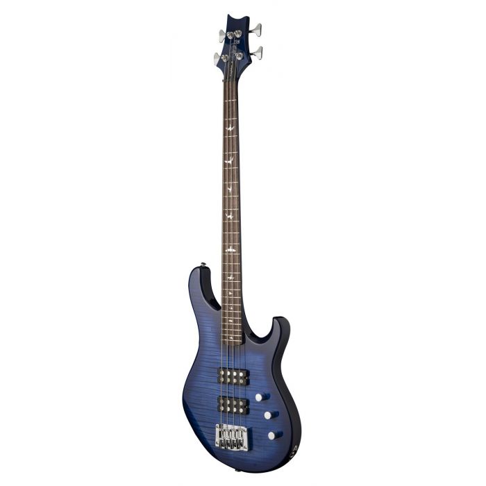 Right-angled view of a PRS SE Kingfisher Bass Guitar, Faded Blue Wrap Around Burst