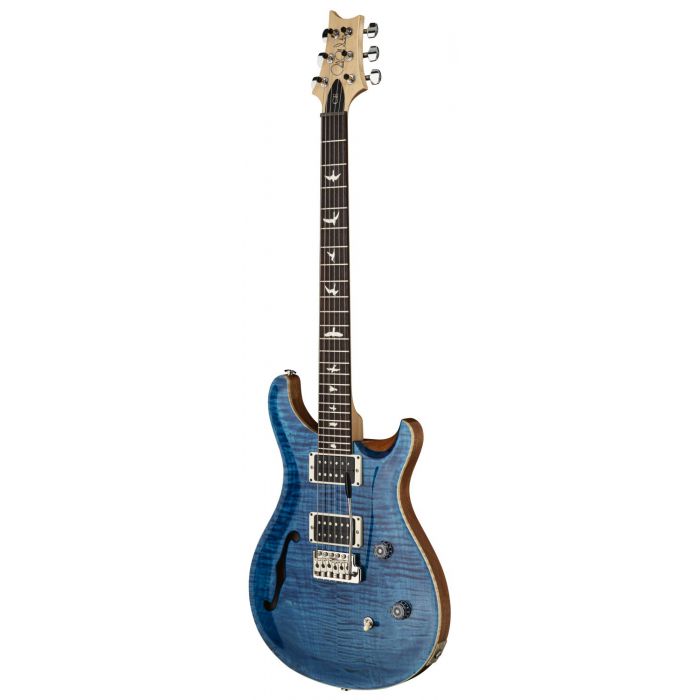 Right angled view of a PRS CE24 Semi-Hollow Electric Guitar, Blue Matteo