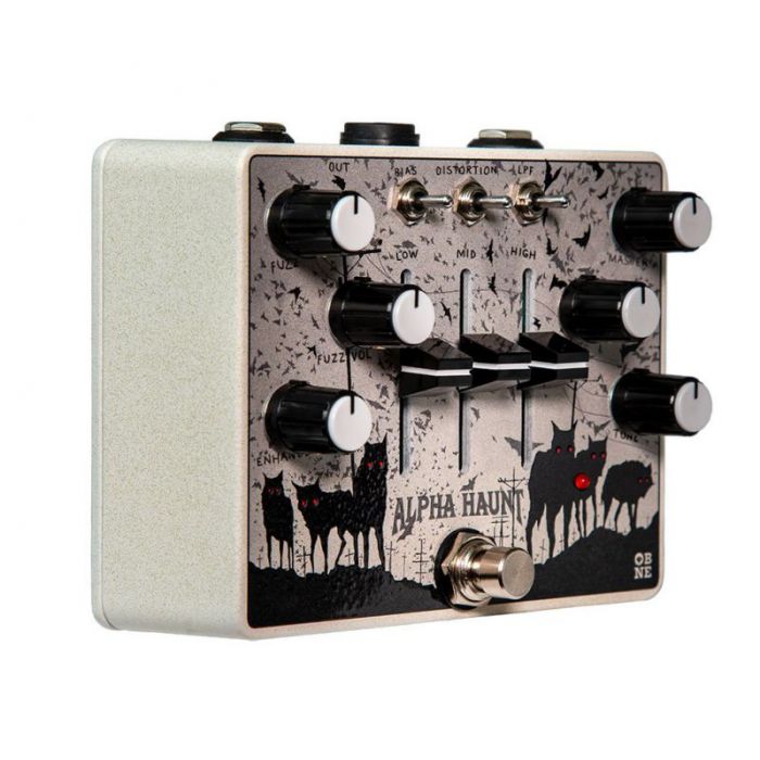 Right angled view of an Old Blood Noise Endevours Alpha Haunt Fuzz Pedal V2
