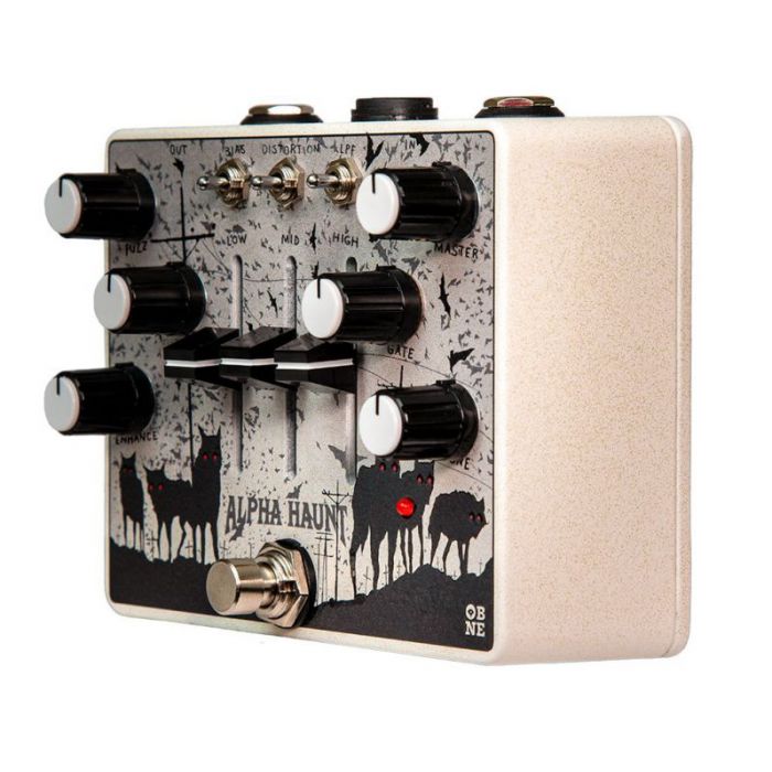 LEft angled view of an Old Blood Noise Endevours Alpha Haunt Fuzz Pedal V2