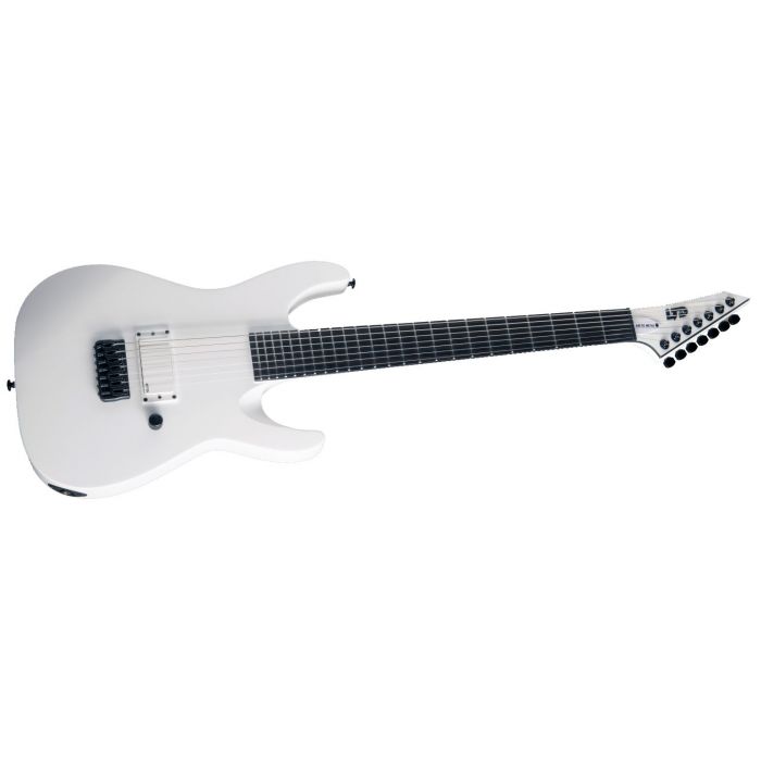 Right angled view of an ESP LTD M-7HT Baritone Arctic Metal Guitar, Snow White Satin