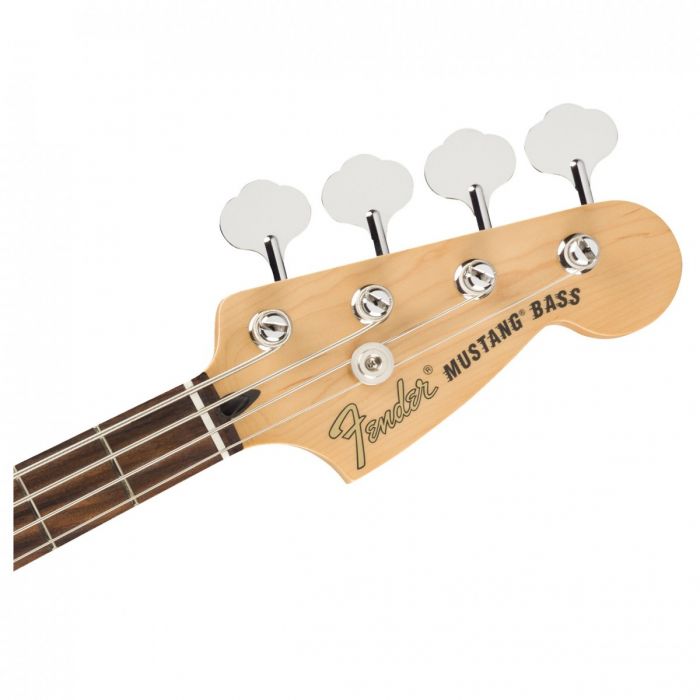 Headstock close up Fender Ltd Edition Player Mustang Bass Sherwood Green Metallic