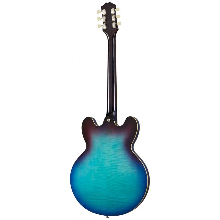 Full rear view of an Epiphone Inspired By Gibson ES-335, Figured Blueberry Burst