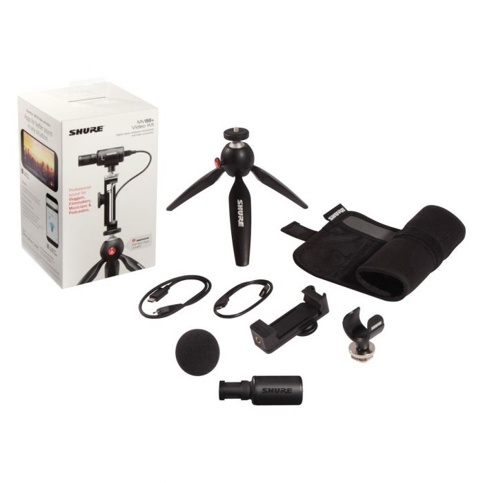 Package contents overview of the Shure MOTIV MV88 Plus Video Kit