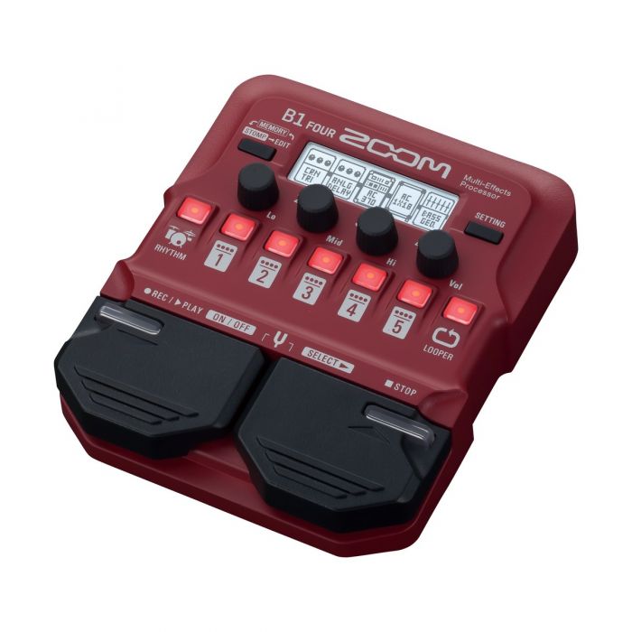 Angled view of the Zoom B1 FOUR Bass Multi-Effects Pedal